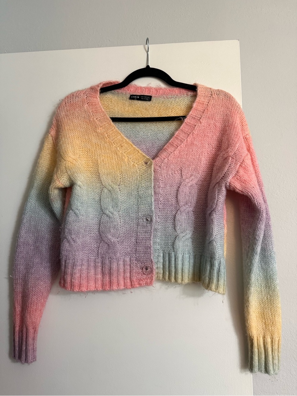 SHEIN Pastel Ombre Cable Knit V-Neck Cardigan in Pink, Yellow, Blue